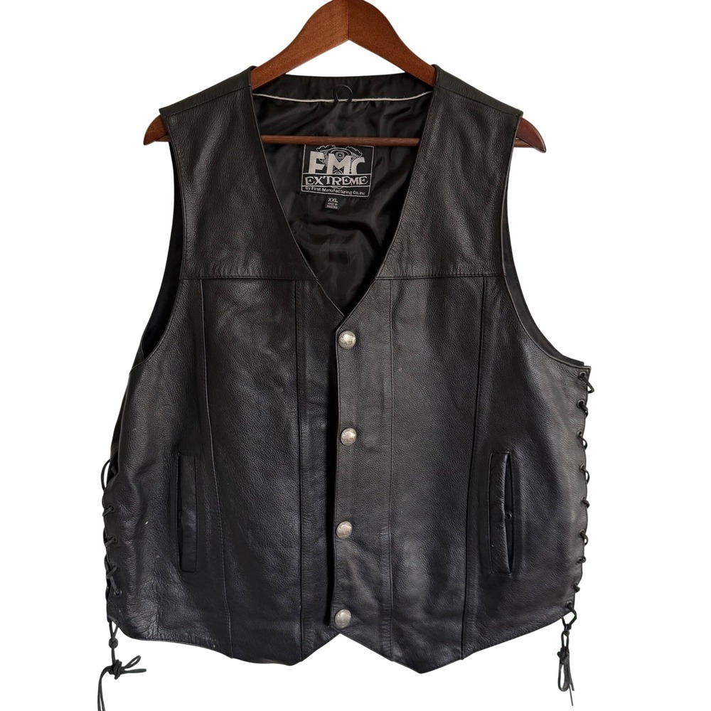 FMC Extreme Mens Black Leather Biker‎ Vest Buffalo Nickel Snaps Side Lace XXL